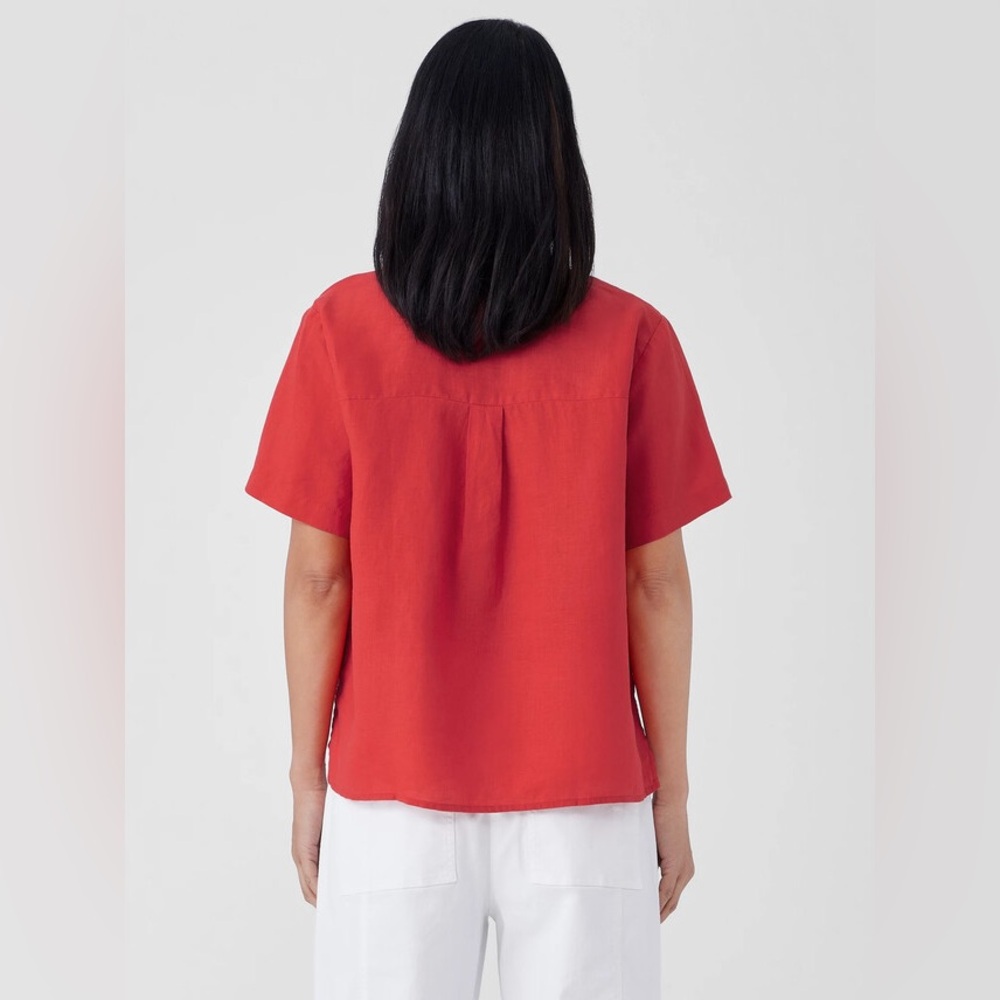 Eileen Fisher Organic Handkerchief Linen Band Collar Shirt Red Women’s L - Picture 3 of 7